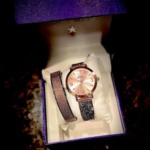 NEW in Gift Box Bob Mackie Glitz Black Bangle Wrist Watch and Crystal Bracelet